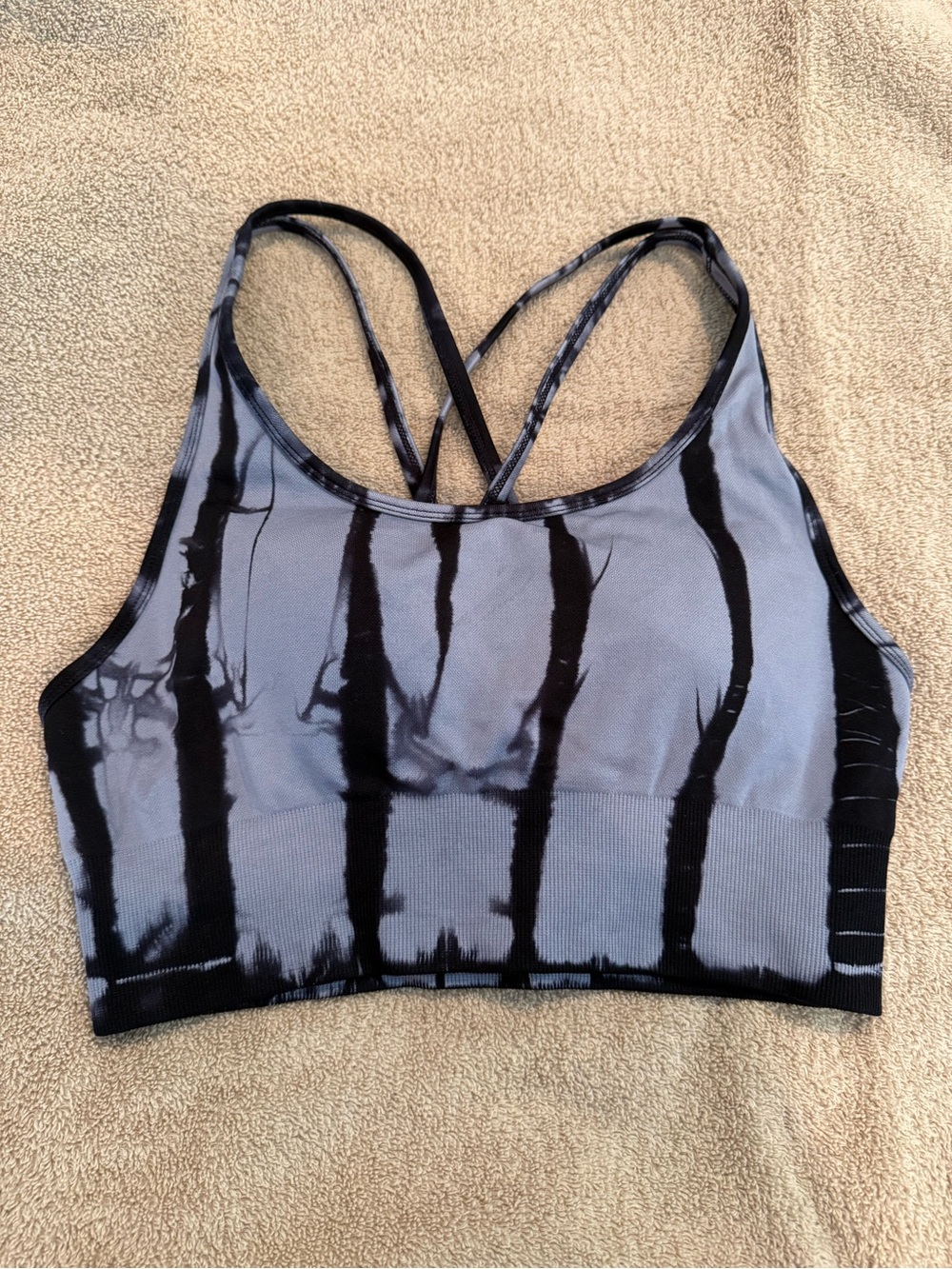 Tie-Dye Strappy Sports Bra in Gray & Black